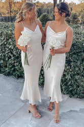 Simple Sheath Cowl Neck Silk Satin Tea Length Bridesmaid Dresses