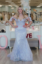 Mermaid Off the Shoulder Lilac Sequins Long Prom Dresses