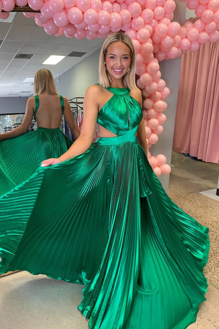 A-Line Halter Pleated Satin Long Prom Dresses