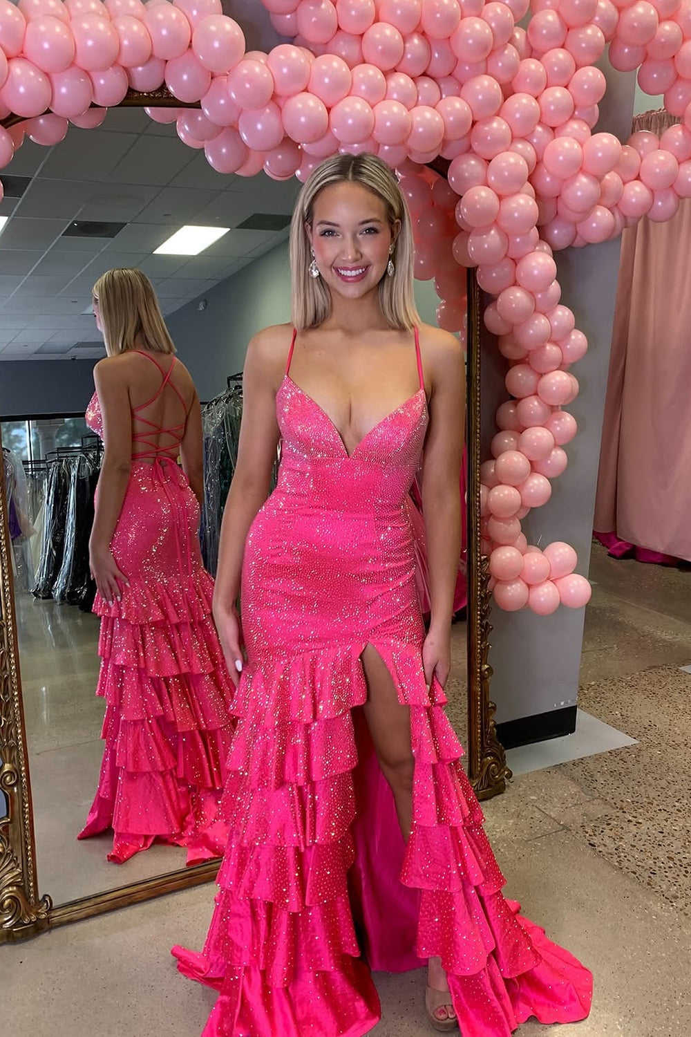Mermaid V Neck Fuchsia Ruffle Tiered Long Prom Dresses Custom Color / US10 Mermaid V Neck Fuchsia Ruffle Tiered Long Prom Dresses Custom Color / US10