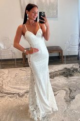 White V Neck Mermaid Sequin Long Prom Dresses