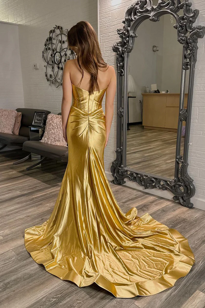 Gold Satin Sweetheart Long Mermaid Prom Dresses,BD930852