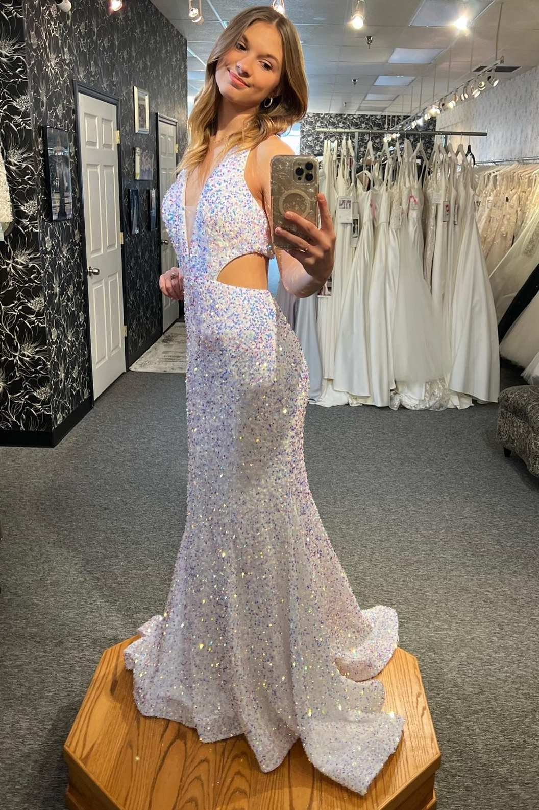 Mermaid Light Blue Iridescent Sequin Halter Cutout Long Prom Dresses luladress Mermaid Light Blue Iridescent Sequin Halter Cutout Long Prom Dresses luladress
