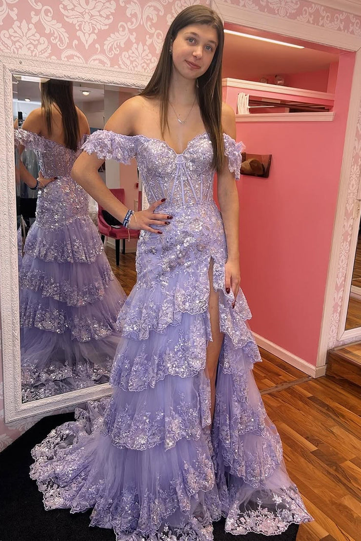 Mermaid Off the Shoulder Lavender Sequins Tiered Prom Dresses