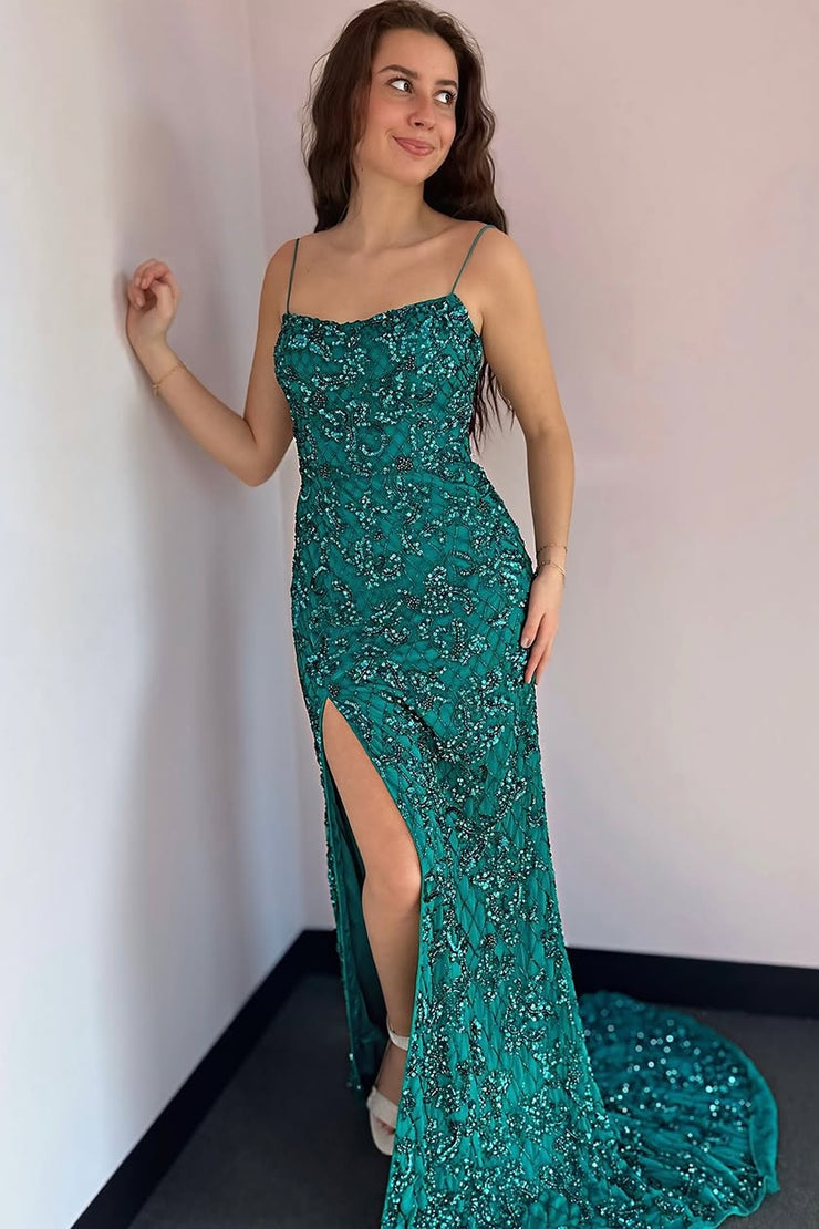 Mermaid Spaghetti Straps Royal Blue Lace Sequins Long Prom Dresses