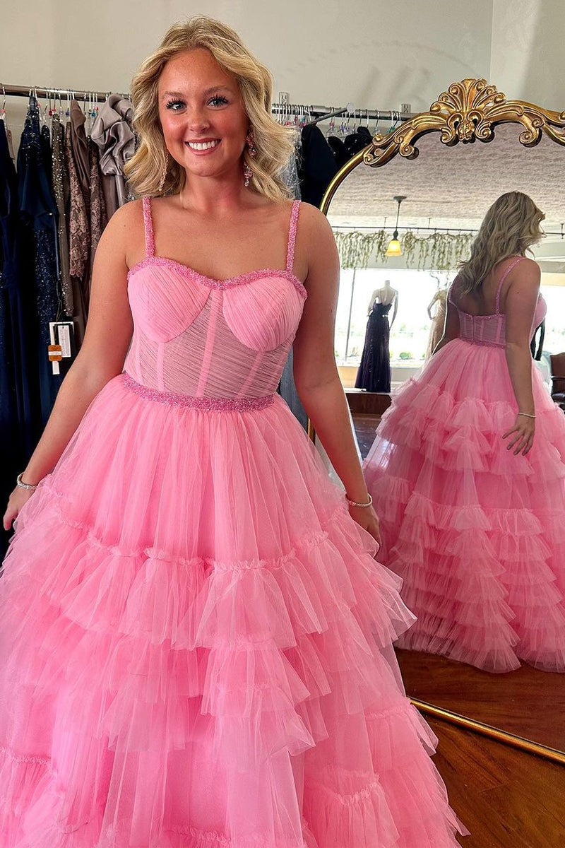 Pink Ruffle Tiered Tulle Sweetheart Long Prom Dresses luladress Pink Ruffle Tiered Tulle Sweetheart Long Prom Dresses luladress