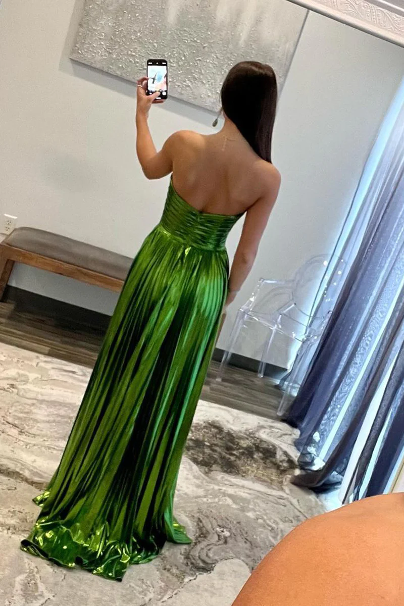 Green Strapless Pleated A-Line Long Prom Dresses