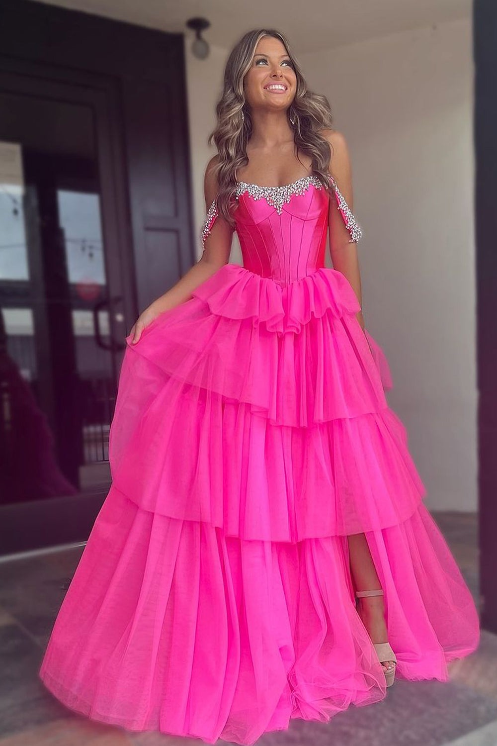 Cute A Line Off The Shoulder Hot Pink Tulle Long Prom Dresses Custom Color / Custom Size Cute A Line Off The Shoulder Hot Pink Tulle Long Prom Dresses Custom Color / Custom Size