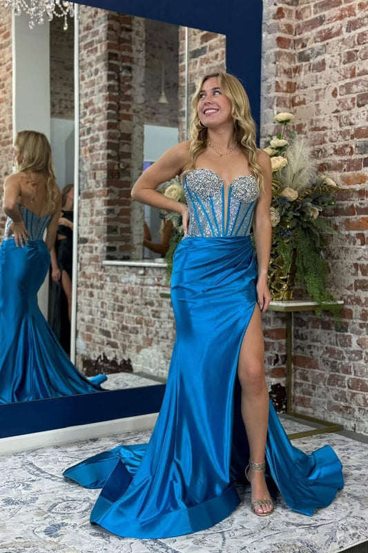 Mermaid Sweetheart Royal Blue Satin Slit Prom Dresses