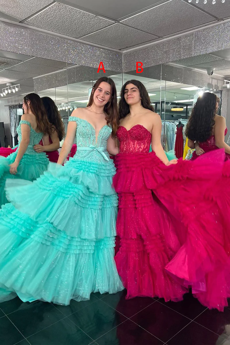 Hot Pink Long Sweetheart Tiered Tulle Prom Dresses