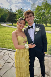 A Line Strapless Tiered Tulle Prom Dresses