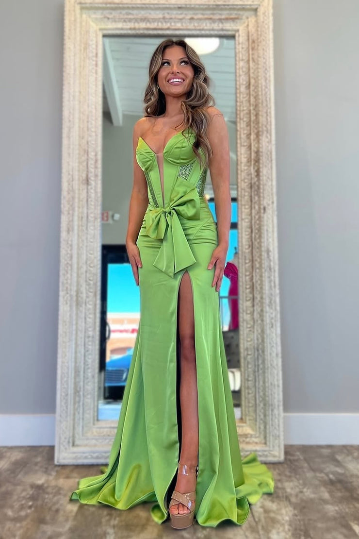 Mermaid V Neck Green Satin Prom Dresses