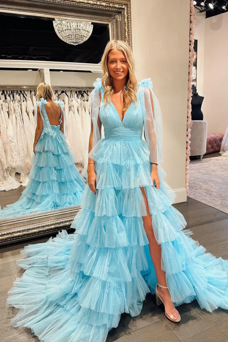 Elegant & Classic A-Line V Neck Straps Sleeveless Open Back Tiered Floor Length Sky Blue Prom Dresses Dress with High Side Slit and Train US18 / Elegant & Classic A-Line V Neck Straps Sleeveless Open Back Tiered Floor Length Sky Blue Prom Dresses Dress with High Side Slit and Train US18 /