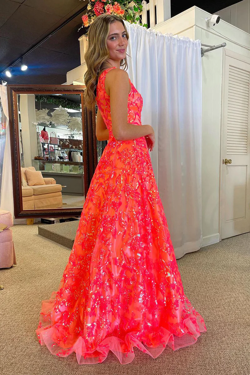 A-Line One Shoulder Sequin Lace Long Prom Dresses