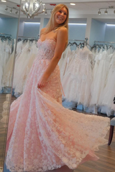 Cute Pink Flowers Lace A-Line Long Prom Dresses
