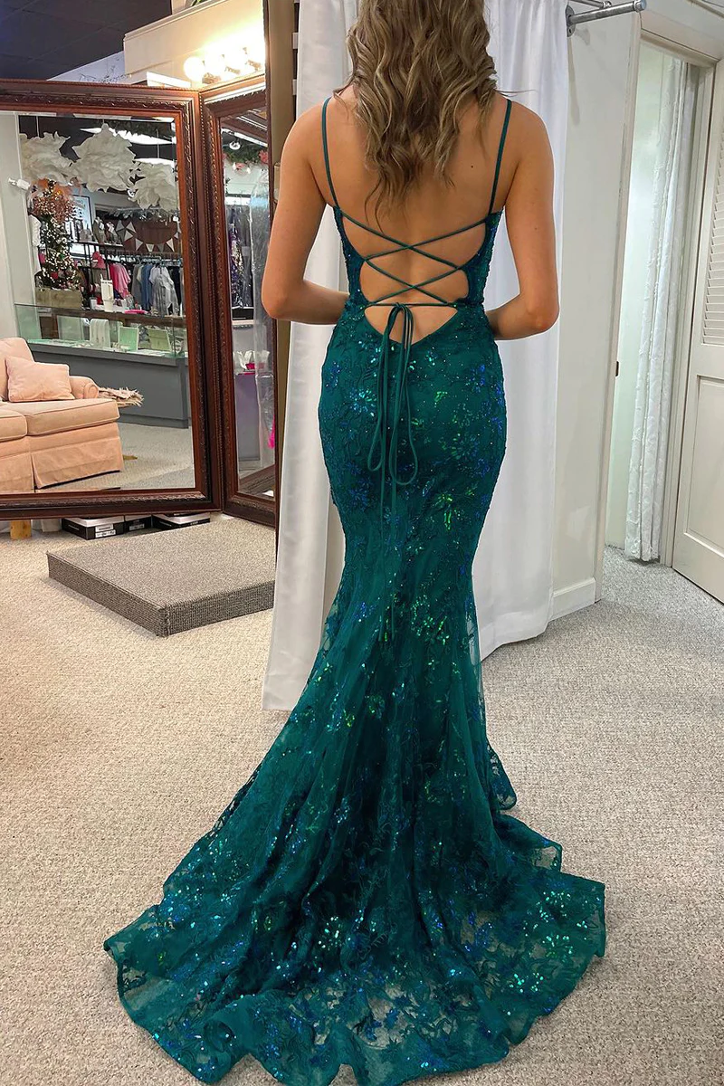 Mermaid Dark Green Sequins Lace Long Prom Dresses