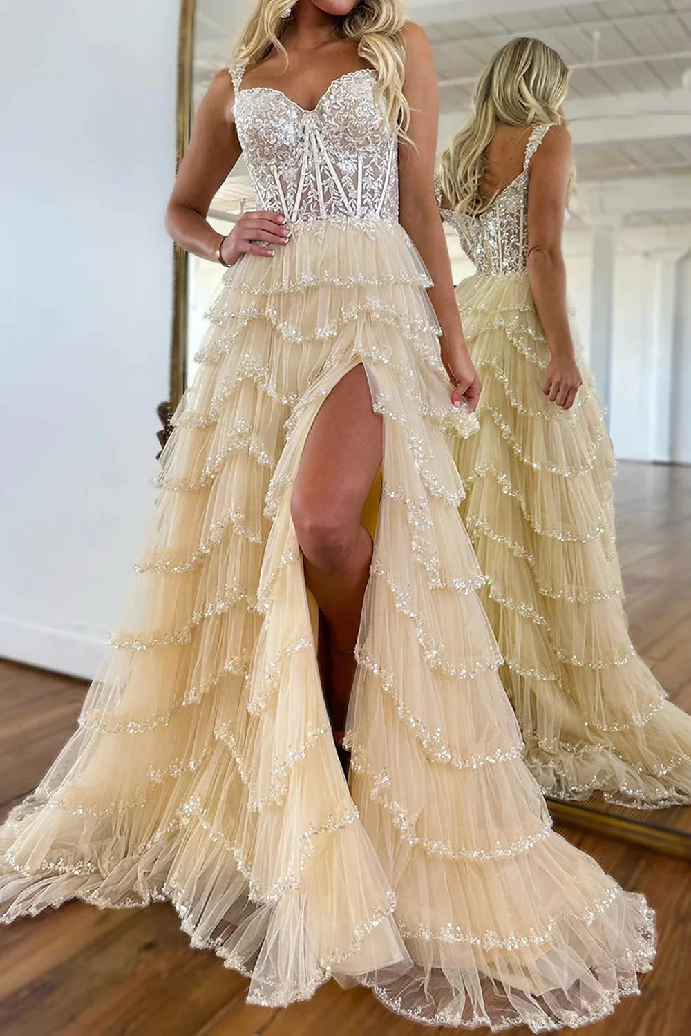Long Glitter Beige Corset Tiered Tulle Prom Dresses Custom Color / US2 Long Glitter Beige Corset Tiered Tulle Prom Dresses Custom Color / US2