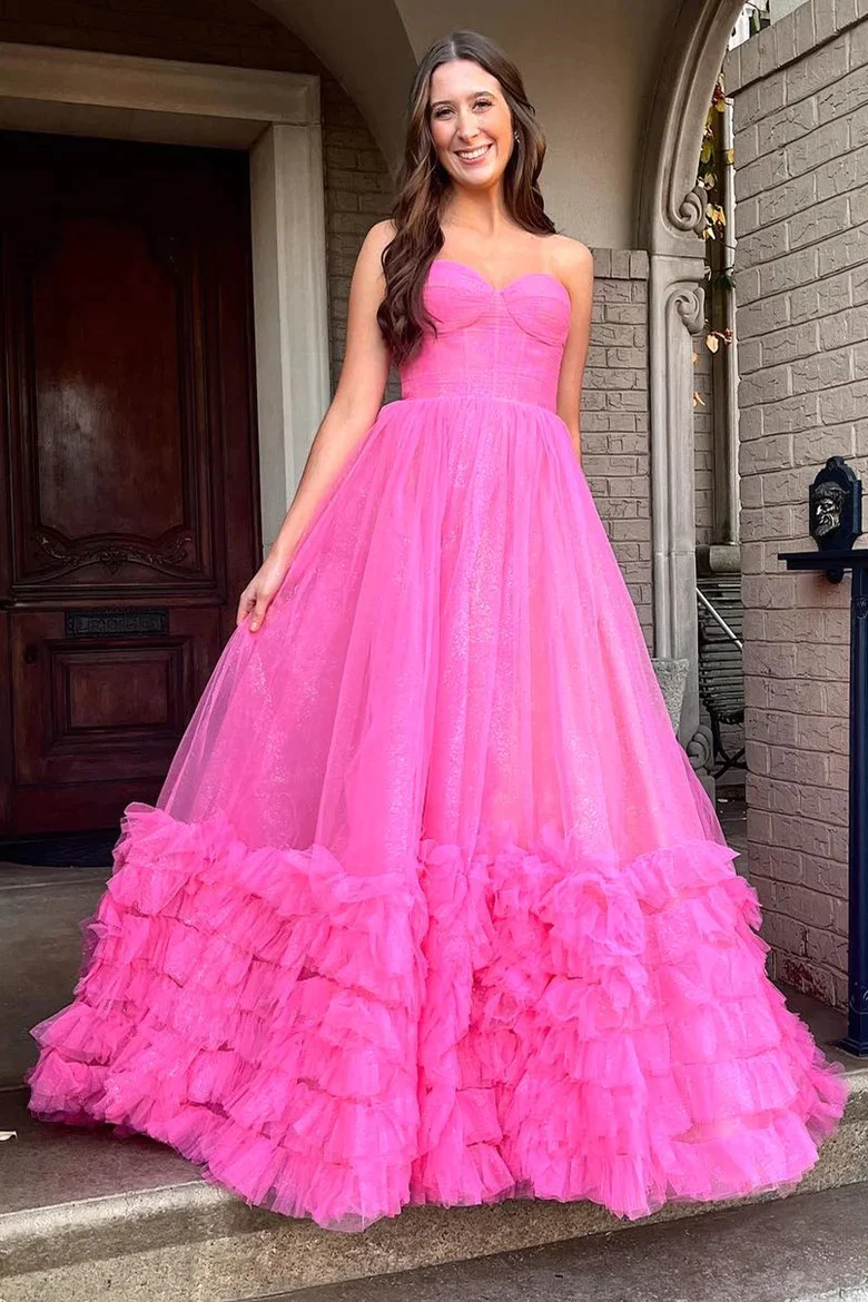 Long Fuchsia Strapless Ruffle A-Line Prom Dresses – luladress
