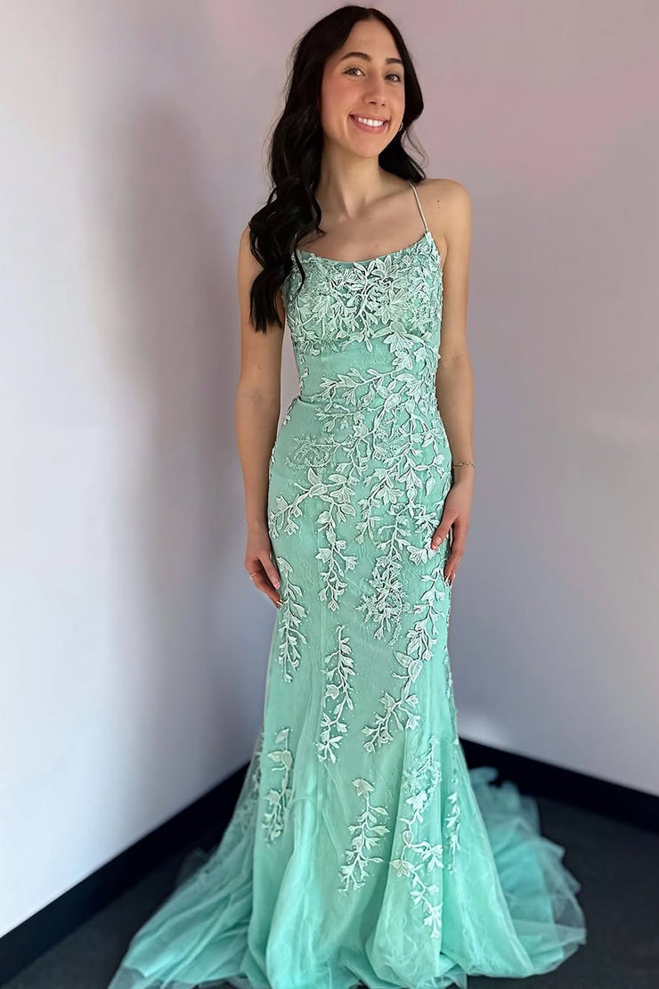 Meramid Scoop Neck Mint Lace Prom Dresses Meramid Scoop Neck Mint Lace Prom Dresses