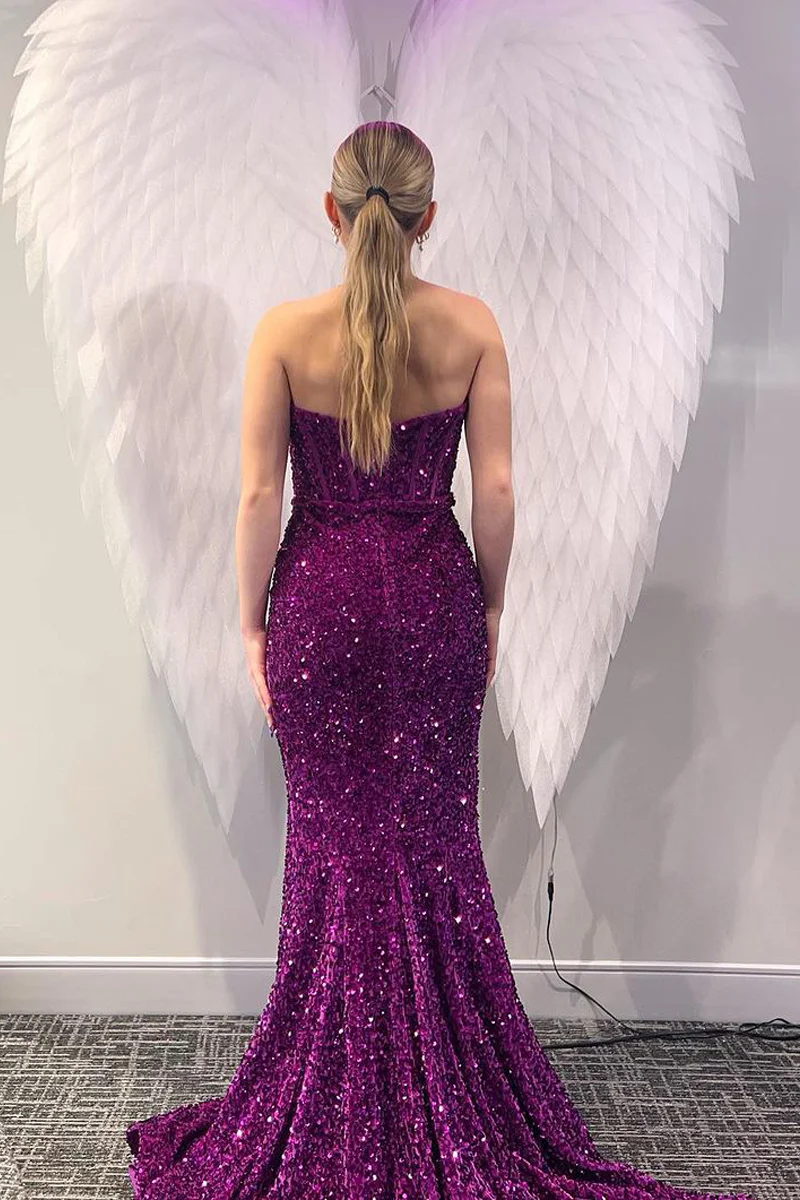 Purple Sequins Mermaid Long Prom Dresses