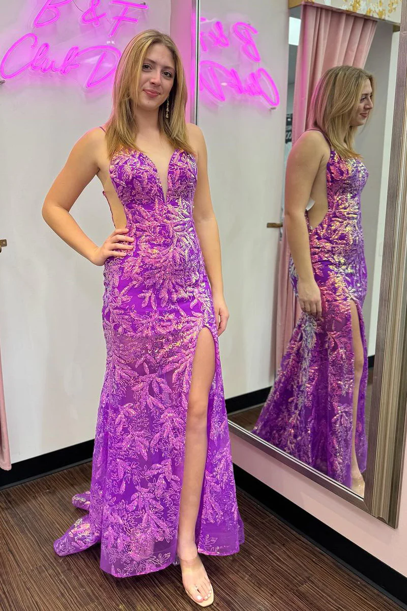 Purple Sequins Lace Mermaid Long V Neck Prom Dresses