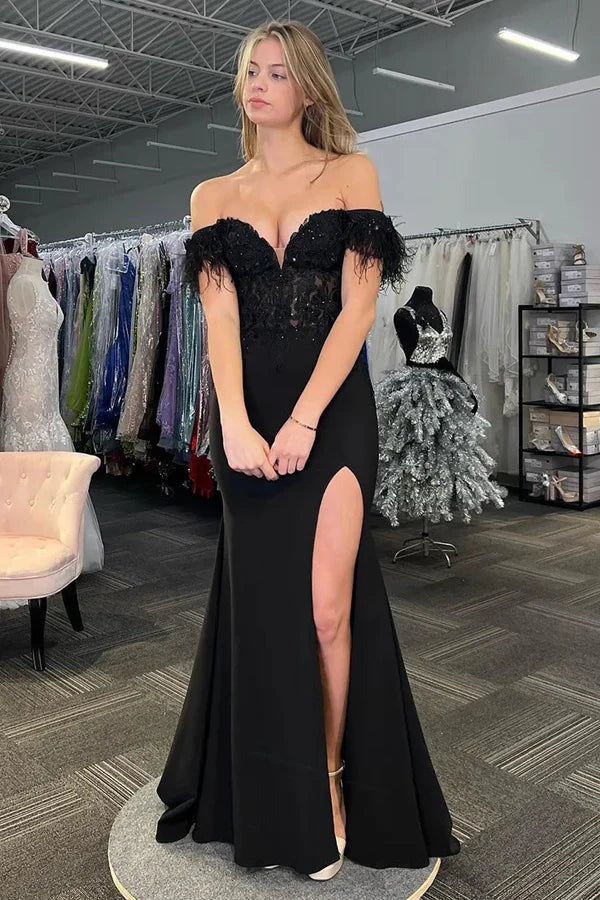 Off the Shoulder Black Mermaid Lace Slit Prom Dresses