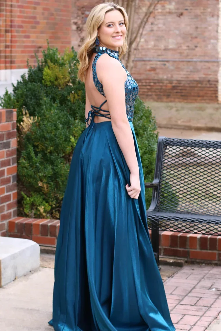 Long Teal Cut Glass Mirror Halter Formal Dresses