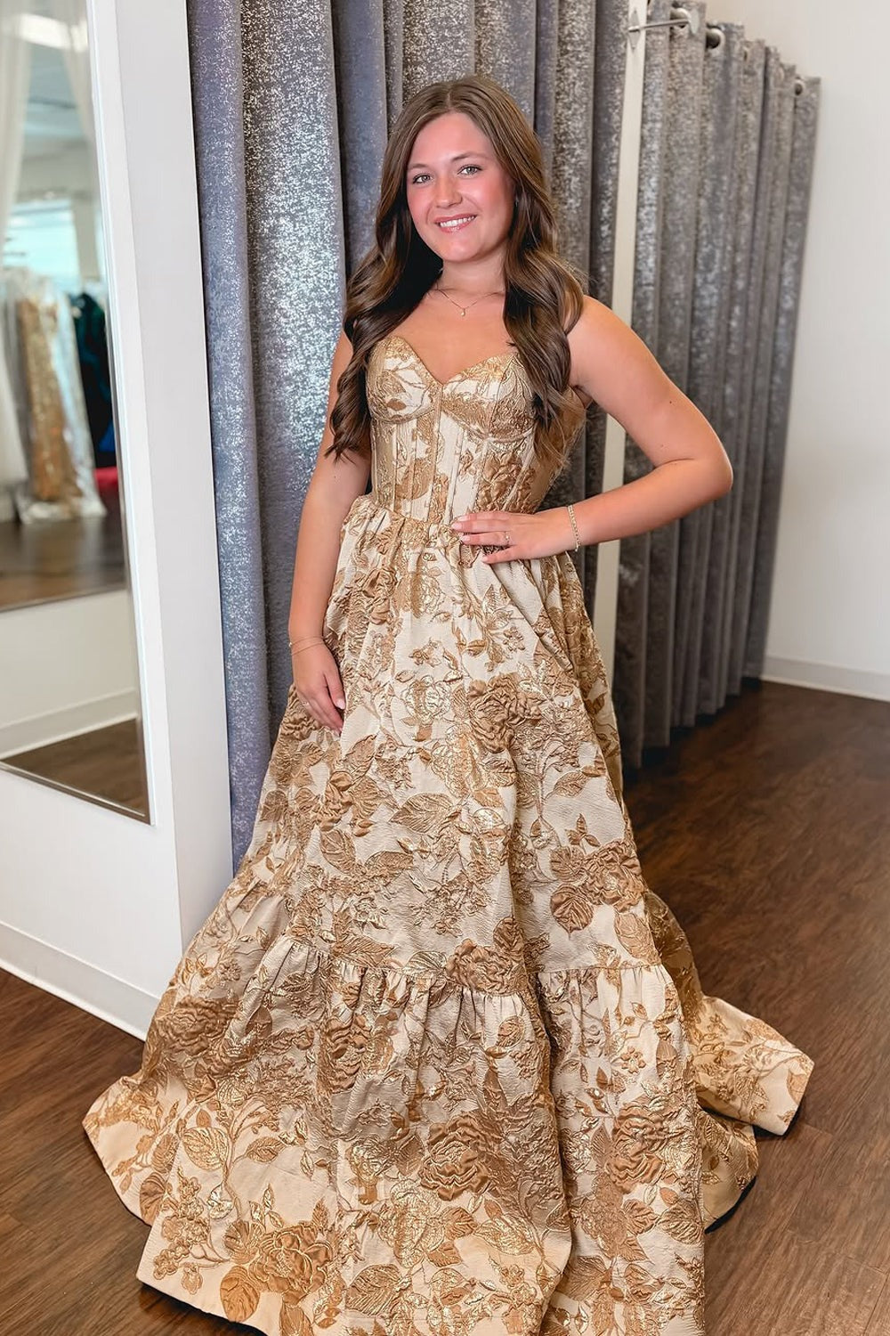 Ball Gown Strapless Gold Jacquard Satin Long Prom Dresses luladress Ball Gown Strapless Gold Jacquard Satin Long Prom Dresses luladress