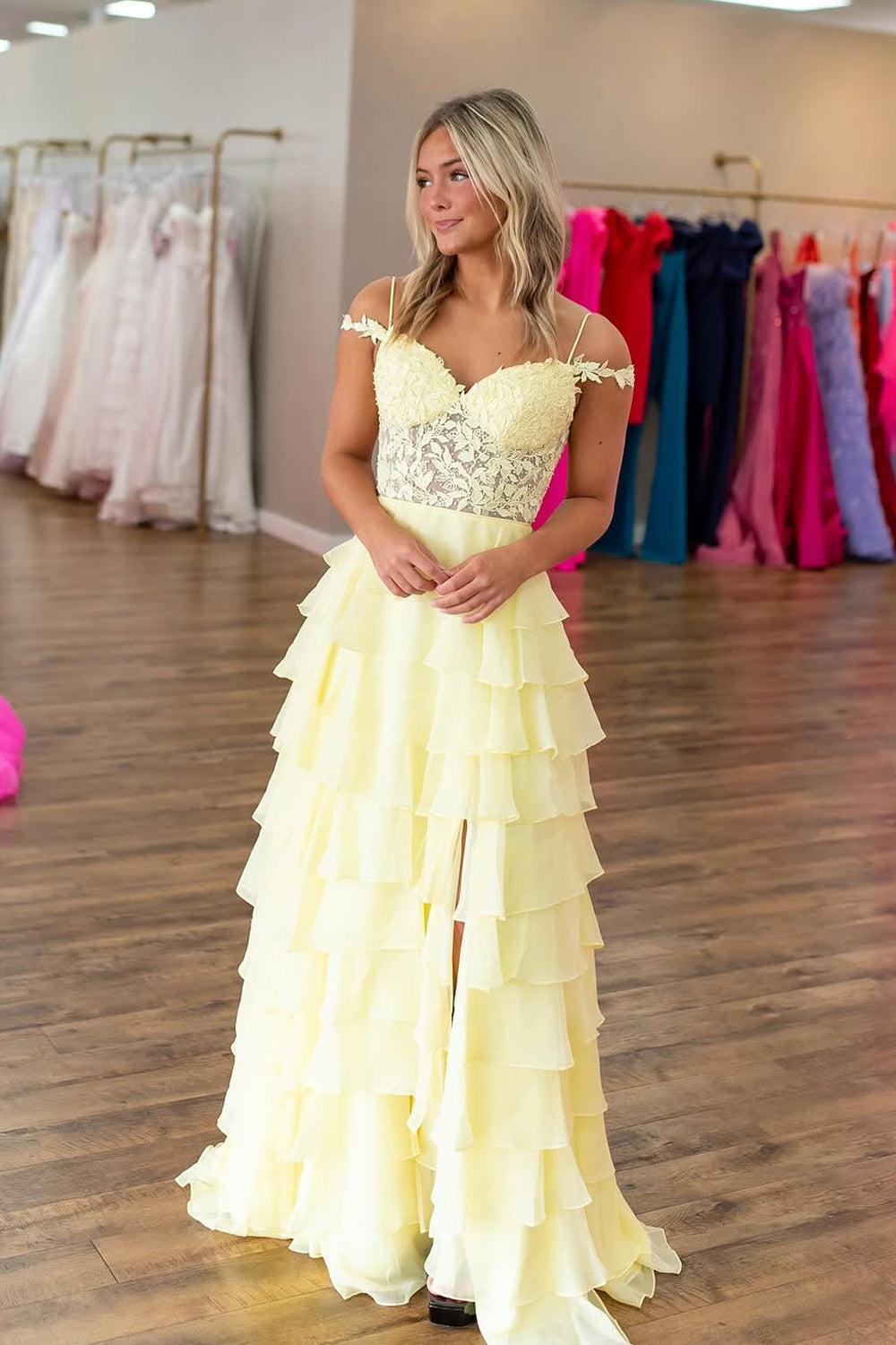 A-Line Cold Shoulder Yellow Ruffle Tiered Long Prom Dresses luladress A-Line Cold Shoulder Yellow Ruffle Tiered Long Prom Dresses luladress