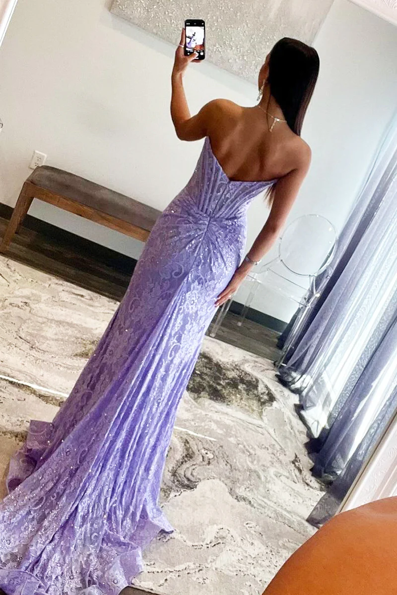 Lavender Lace Strapless Long Mermaid Prom Dresses