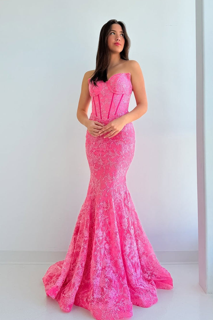 Mermaid Strapless Pink Lace Long Prom Dresses Pic Color / US16 Mermaid Strapless Pink Lace Long Prom Dresses Pic Color / US16