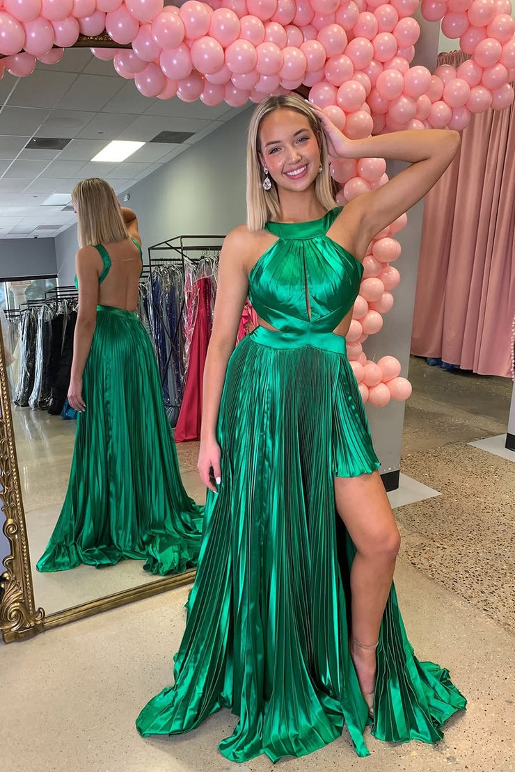A-Line Halter Pleated Satin Long Prom Dresses