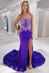 Mermaid Purple Satin Long V Neck Prom Dresses