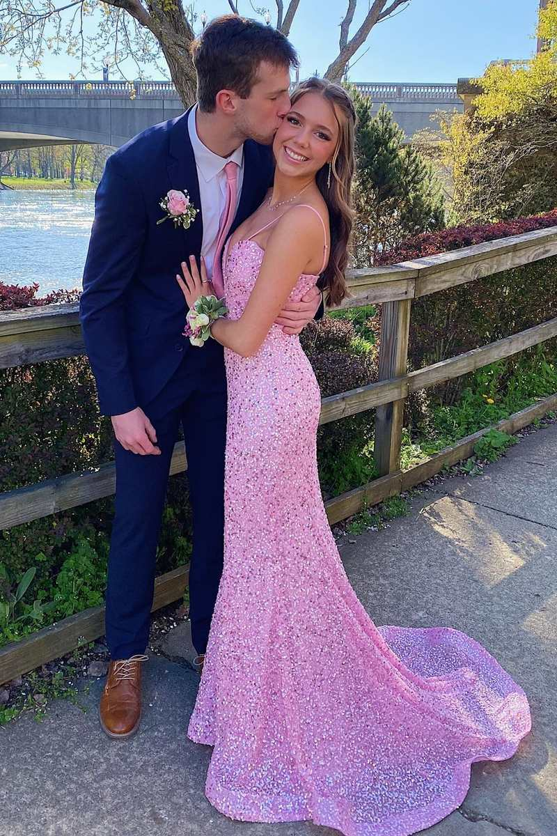 Pink Sequin Plunge V-neck  Mermaid Long Prom Dresses