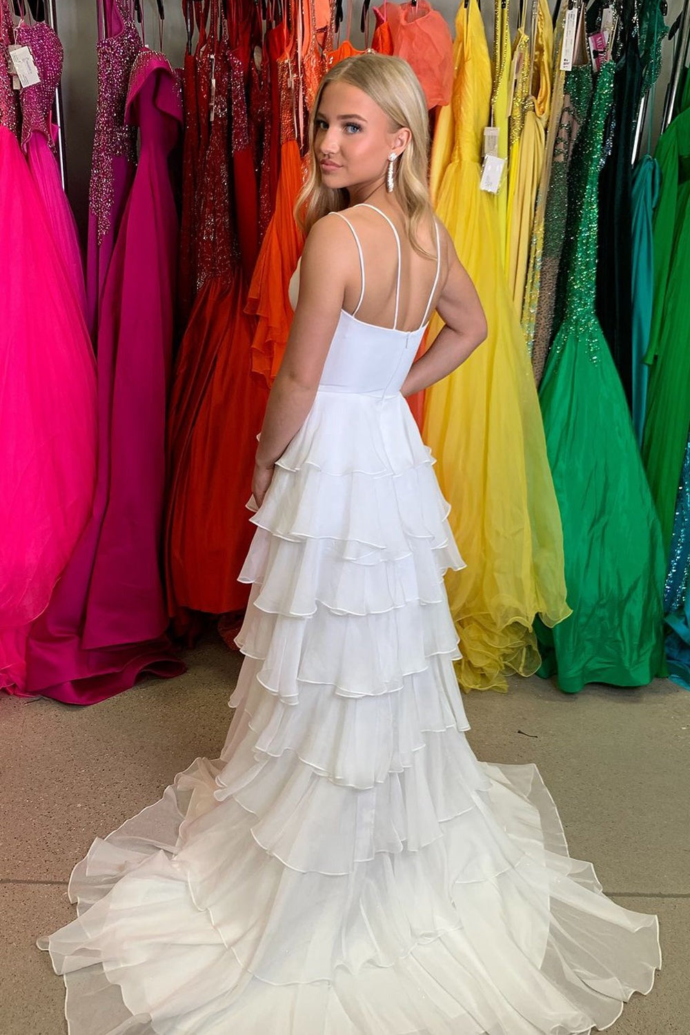 White V Neck Chiffon Tiered Long Prom Dresses