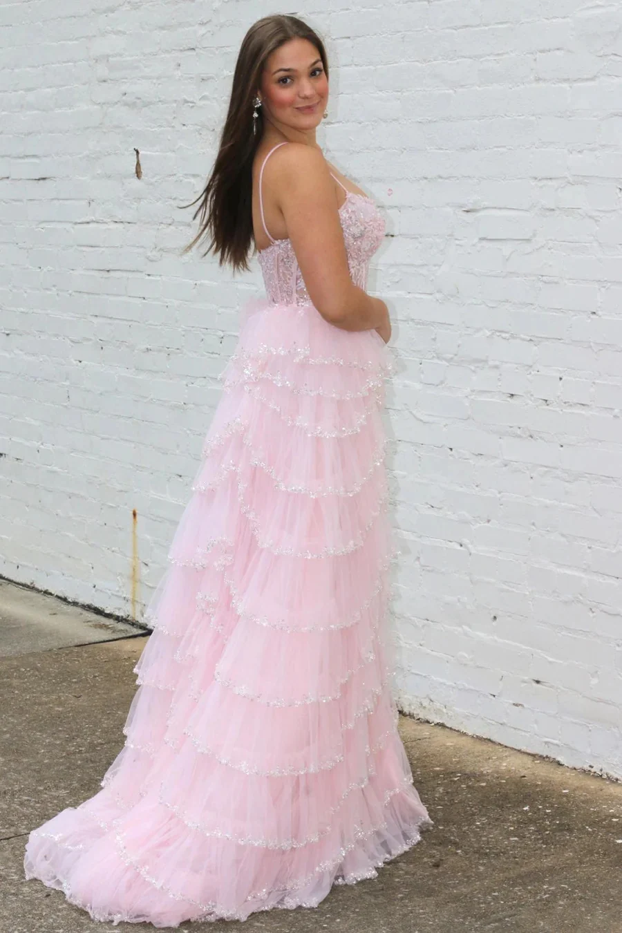 Lace Spaghetti Strap Ruffle Pink Sequin Tiered Long Prom Dresses