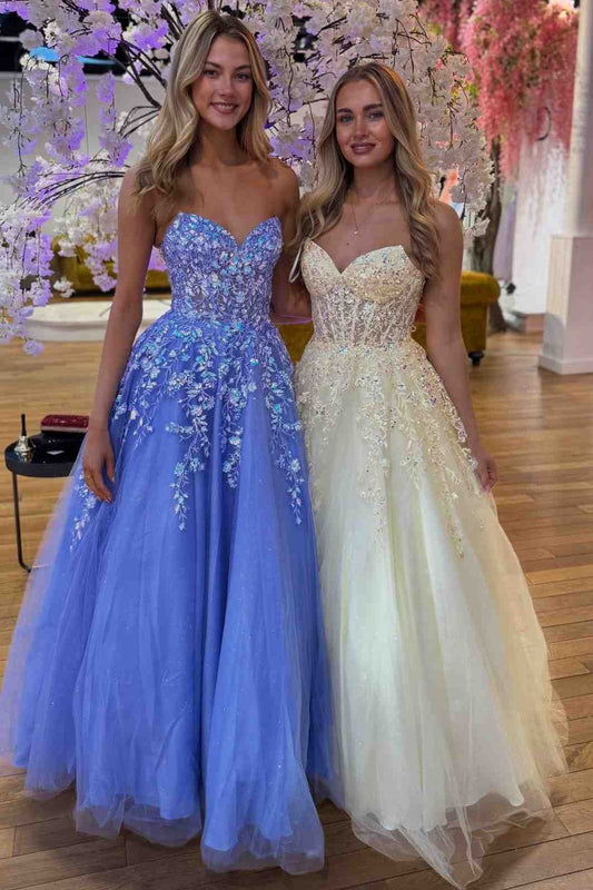 Robe longue de bal lavande trapèze bustier en tulle avec appliqués