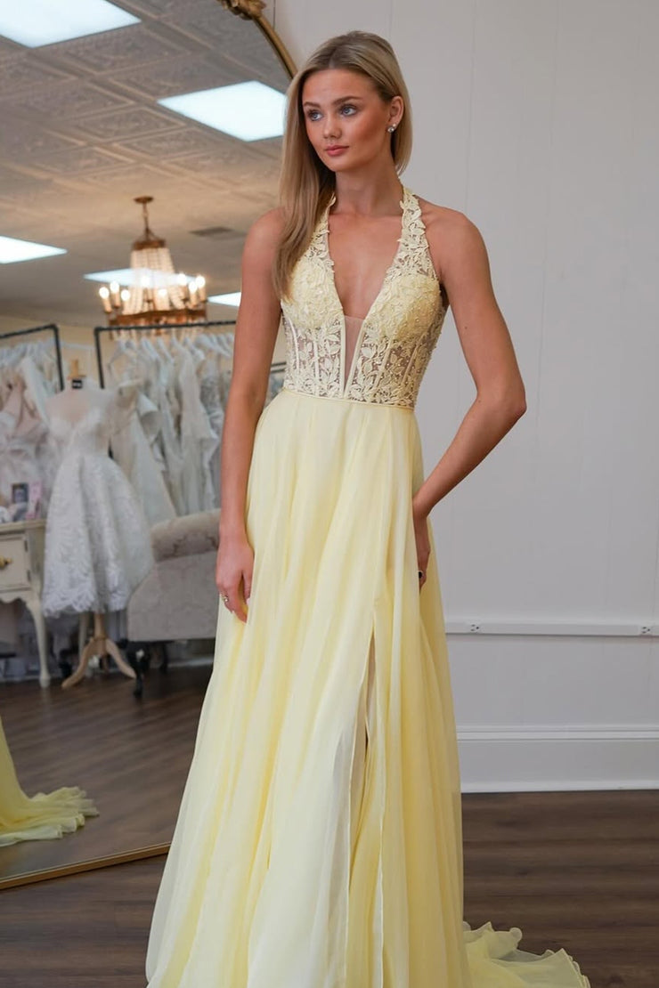 A Line V Neck Daffodial Chiffon Long Prom Dresses luladress A Line V Neck Daffodial Chiffon Long Prom Dresses luladress