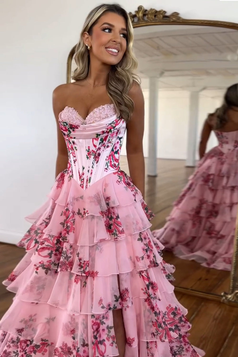 Charming A Line Chiffon Sweetheart Blush Printed Long Prom Dresses luladress Charming A Line Chiffon Sweetheart Blush Printed Long Prom Dresses luladress