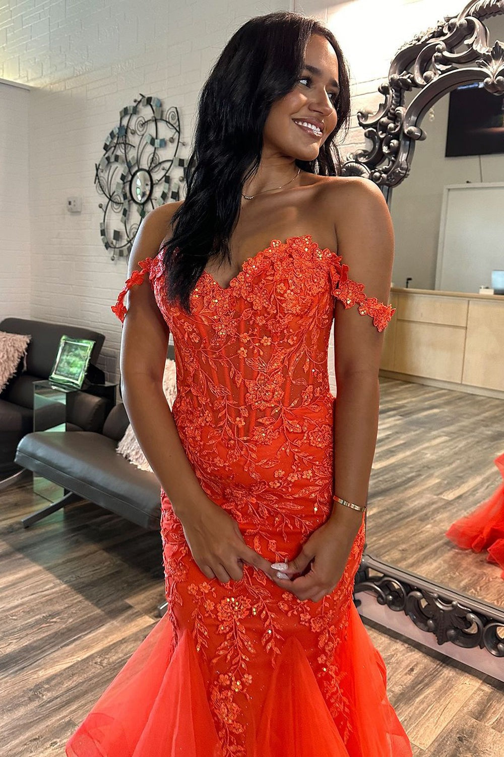 Off the Shoulder Orange Lace Mermaid Long Prom Dresses
