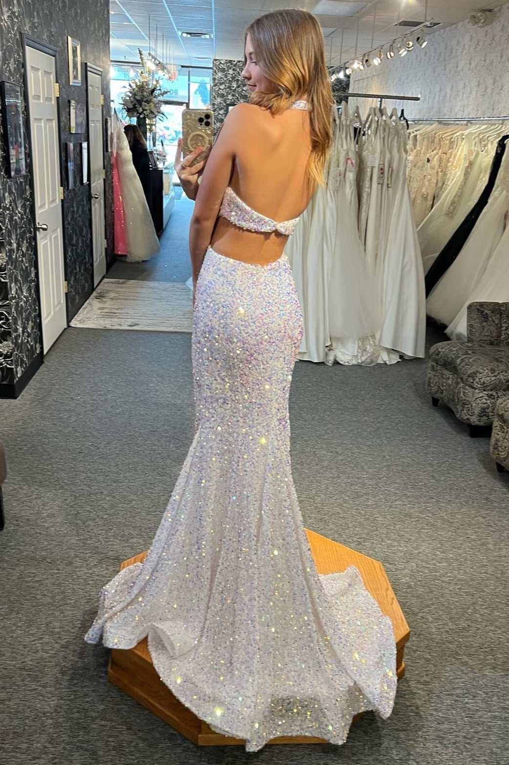 Mermaid Light Blue Iridescent Sequin Halter Cutout Long Prom Dresses