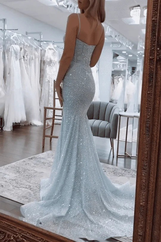 Mermaid Sky Blue Sequins Sweetheart Prom Dresses