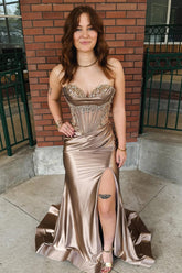 Mermaid Sweetheart Silk Satin Slit Long Prom Dresses