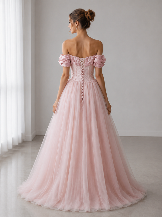Robes de bal plissées en tulle rose coupe trapèze à épaules dénudées avec perles