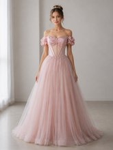 A-line Pink Tulle Off the Shoulder Beading Pleats Prom Dresses