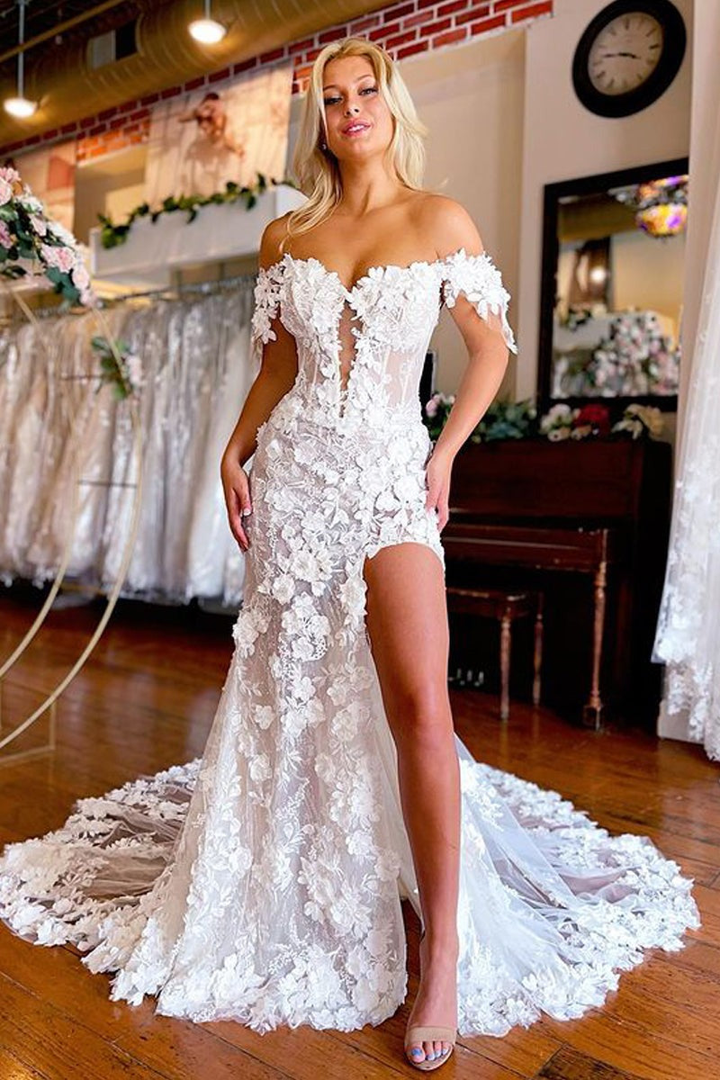 V Neck Cap Sleeves Lace Mermaid Slit Wedding Dresses with 3D Appliques V Neck Cap Sleeves Lace Mermaid Slit Wedding Dresses with 3D Appliques