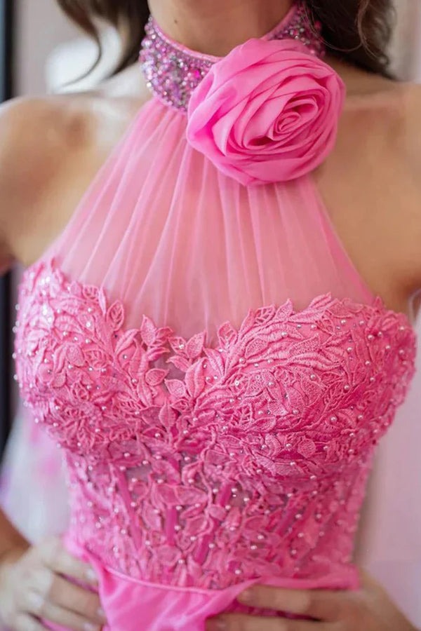 Long Pink A Line Halter Neck Beaded Lace Prom Dresses