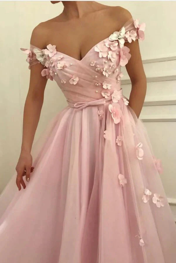 Beautiful Tulle A-line Off-the-Shoulder Long Prom Dresses With 3D Flowers