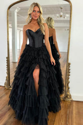 A-Line Sweetheart Black Long Ruffle Tulle Prom Dresses