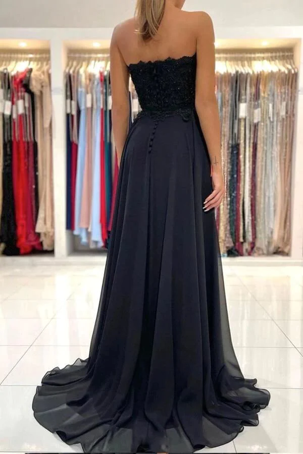 Black Chiffon Lace A-line Sweetheart Long Prom Dresses, Evening Gowns
